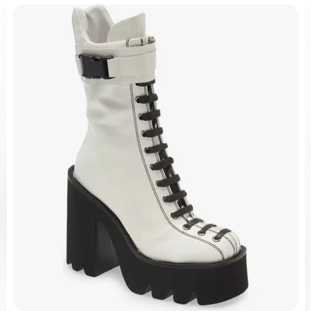 Jeffrey Campbell Viking White Leather Moto Platform Sole Buckle Tall Combat Boot